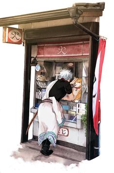 a drawing of a woman in an apron at a vending machine with her cat