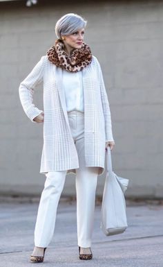 Wrap Dress Over 50, Winter Whites, Beth Djalali, Chic Over 50, Mode Ab 50, Style At A Certain Age, Winter White Outfit, Monochromatic Fashion