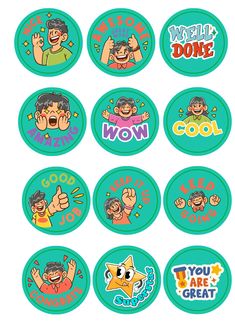 six stickers with cartoon characters on them, including one that says well done and the other