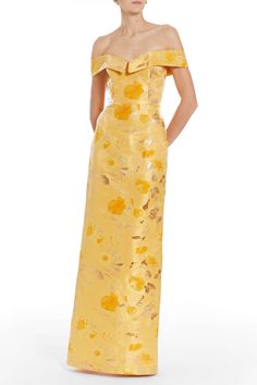 Sarika Gold Floral Brocade Column Gown Mother Of The Bride Dresses Yellow, Markarian Dress, Lex Aesthetic, Bridesmaid Dresses Gold, Brocade Gown, Black Tie Wedding Guests, Column Gown, Forward Thinking, Black Tie Wedding