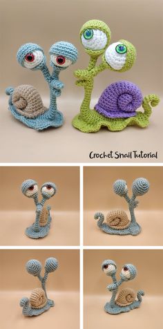 crocheted snails are featured in this photo