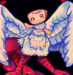 an angel with white wings and red feet