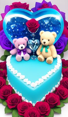 two teddy bears sitting on top of a blue heart shaped cake with roses around it