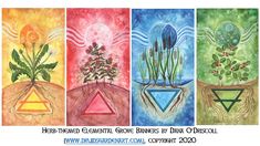 four different colored paintings with plants in them