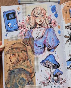 an open book with pictures of people and mushrooms on it's cover, in which there is a drawing of a woman