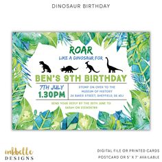 a dinosaur birthday party card with watercolor dinosaurs and tropical leaves on the front, in white