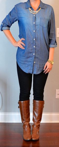 Chambray shirt (Old Navy), Black skinny jeans (Target), Brown boots (Macys)  peral necklace (Ann Taylor)  Michael Kors gold link watch (Nordstrom)comfy and casualmy specialty Chambray Outfit, Kemeja Denim, Pants Boots, Simple Work, Rock Outfit, Legging Outfits, Fall Outfits For Work