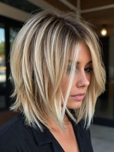 Gradual Haircut Medium Hair, Concave Long Bob, Shoulder Length Hair With Angles, Straight Edge Bob Haircut, Mid Length Choppy Hairstyles, Short Bob With Stacked Back, Lob On Plus Size Woman, Short Layers On Short Hair, Angles Bob Medium