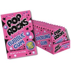 pop rocks bubble gum is shown in pink and black colors, with stars on the top