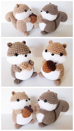 crocheted stuffed animals made to look like they are holding something in their hands