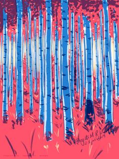 an abstract painting of blue and red trees in the woods with white bark on them