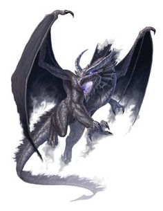 a black dragon flying through the air with it's wings spread