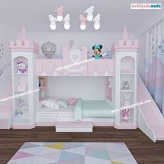 a child's bedroom with a pink castle bed and stairs to the second floor