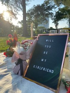 a sign that says will you be my girlfriend next to flowers and candles on the ground