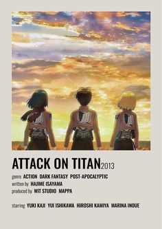 the movie poster for attack on titan with two people standing in front of an orange sky