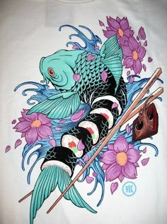 a t - shirt with an image of a fish and chopsticks on it