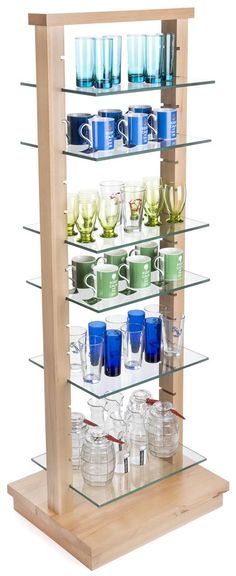 a wooden display case filled with glasses and cups