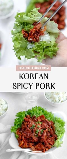 korean spicy pork with lettuce and carrots in a white bowl on a table