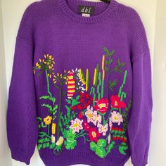 Size: Medium **Only 1 Left!! Color: Purple Background With Multi-Color Flowers And. Beautiful Embroidery Details. Front Design And Solid Back. New, Never Worn Leftover Vintage Inventory From My Families Business (Excellent Quality Pima Cotton, Used To Retail For $120) Hand Machine Knit Vintage 90’s Sweaters From Peru Content: 100% Pima Cotton Washing Instructions: Prefer Dry Clean Or Hand Wash In Cold Water With Like Colors. Soft Soap, Machine Knit, Multi Colored Flowers, Womens Sweaters, Floral Cardigan, Purple Background, Beautiful Sweater, Favorite Sweater, Purple Backgrounds