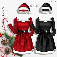 two christmas dresses and hats are shown in the same color as santa's helper