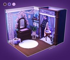 a dollhouse bedroom with purple walls and furniture