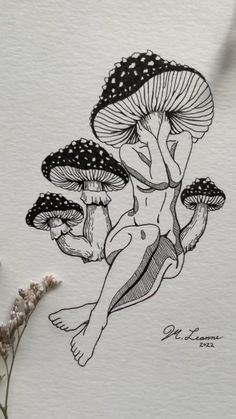 an ink drawing of a woman sitting on mushrooms with her legs crossed and hands behind her back