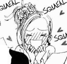 a drawing of a girl holding her face to her ear with the words squeel and squeel on it