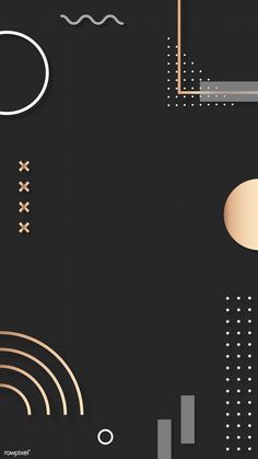 an abstract black and gold background with circles, lines, dots, and other shapes