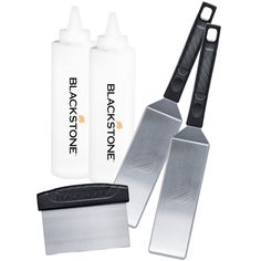 Each tool is durable, constructed with plastic handles and heavy gauge brushed stainless steel. Included are two sturdy commercial-grade spatulas each with a loop convenient for hanging and storage. A chopper/scraper helps dice food or scrape the gunk off the griddle for quick cleanup. Two enhance your griddle cooking experience or maintain the griddle surface. You will also cook like a professional with the custom Blackstone cookbook filled with our favorite recipes. Stainless Steel Griddle, Grilling Tools, Squeeze Bottles, Spatulas, Brushed Stainless Steel