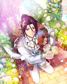 an anime character holding flowers in her hand