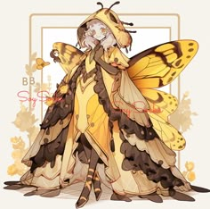 a drawing of a woman dressed in yellow and black with butterflies on her wings, wearing a butterfly costume