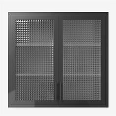 a black cabinet with glass doors on the front and side panels, all in different sizes