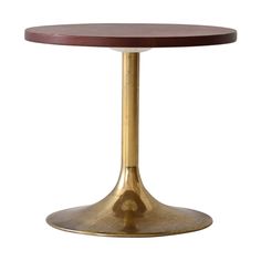 a round wooden table with gold legs and a wood top on an isolated white background