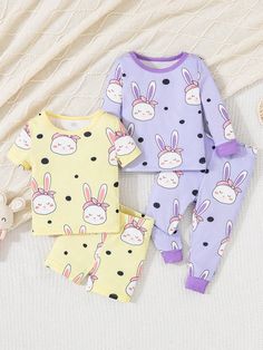 Multicolor  Collar   Animal,Cartoon,All Over Print Baby Pajama Set Embellished High Stretch Spring/Summer Baby Girls Clothing Home Clothes, Suit Design, Baby Pajamas, Rabbit Print, Night Suit, Animal Cartoon, Suit Designs, Girls Pajamas