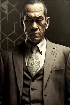 a man in a suit and tie with tattoos on his head