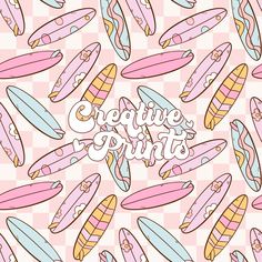 some pink and blue surfboards are on a checkered background with the words creative point