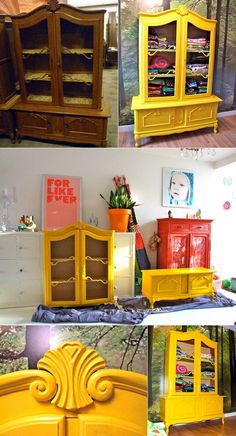 yellow furniture is displayed in different stages of being painted and then turned into an art piece