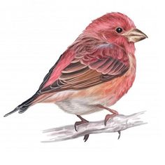 a drawing of a pink bird sitting on a branch with the words purple finch written below it