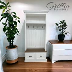 a white cabinet and some potted plants in a room with wood floors, walls and flooring