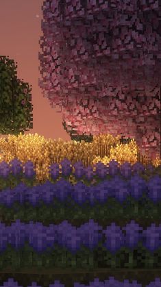 the landscape is made up of purple flowers and trees