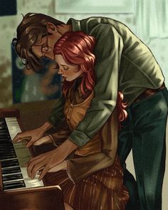 a man and woman leaning over a piano playing the piano keys with each other's hands