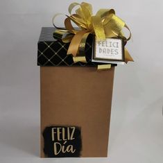 a brown gift bag with gold ribbon and a tag on the front that says filiz dia