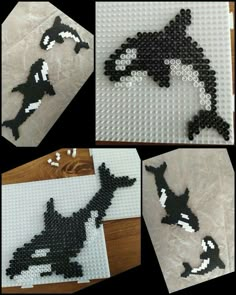 four different pictures of an orca whale made out of legos and plastic beads