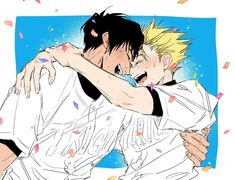 two anime characters hugging each other with confetti around them