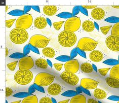 yellow and blue lemons with leaves on white background fabric by the yard or yard