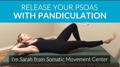 a woman laying on top of a yoga mat with the words, release your poas with