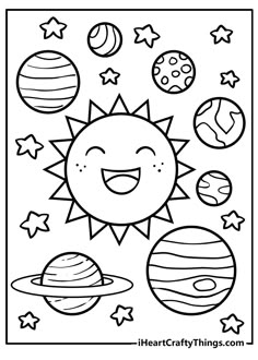 the solar system coloring page for kids with planets and sun on it's side