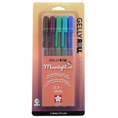 four different colored gelly fix pens are in the package, one is pink and one is blue