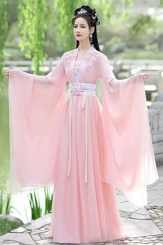 Pink Lace Embroidery Women's Sweet Hanfu Dress Full Set – LolitaInside Cross Hanfu Dress, Luxury Traditional Dress With Self Design, Princess Hanfu Dress, Pink Celtic Dress, Wmmap Dresses, Hanfu Robe, Long Fairy Dress, Classical Dance Costume, Hanfu Women