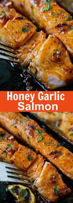 honey garlic salmon on a black plate with a fork in it and the title overlay reads honey garlic salmon